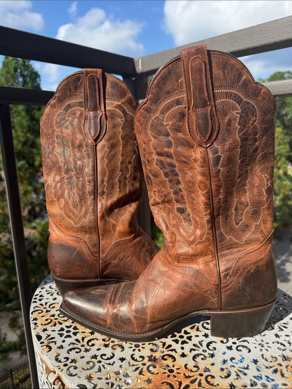 J.B. Dillon Distressed Cognac Leather Western Boots - Picture 5 of 9